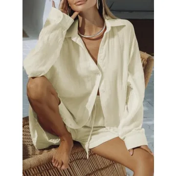 Fixmatti Women 2 Piece Summer Outfits Button Long Sleeve Shirt High Waist Shorts Sweatsuit Lounge Set Yellow S