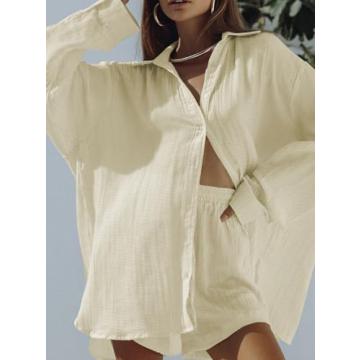 Fixmatti Women 2 Piece Summer Outfits Button Long Sleeve Shirt High Waist Shorts Sweatsuit Lounge Set Yellow S