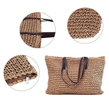 CHIC DIARY Womens Hand-woven Straw Shoulder Bag Large Summer Beach Leather Handles Handbag Tote with Zipper (Khaki)