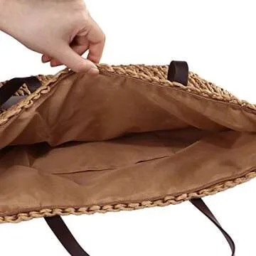 CHIC DIARY Womens Hand-woven Straw Shoulder Bag Large Summer Beach Leather Handles Handbag Tote with Zipper (Khaki)