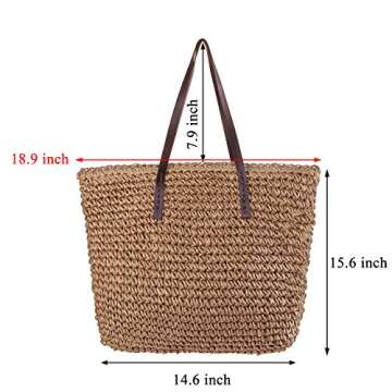 CHIC DIARY Womens Hand-woven Straw Shoulder Bag Large Summer Beach Leather Handles Handbag Tote with Zipper (Khaki)