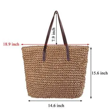CHIC DIARY Womens Hand-woven Straw Shoulder Bag Large Summer Beach Leather Handles Handbag Tote with Zipper (Khaki)