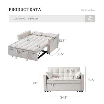 Hixkol Sleeper Sofa Bed, 3 in 1 Sofa Bed Pull Out Couch Bed with Adjustable Backrest, Modern Sofa Be...