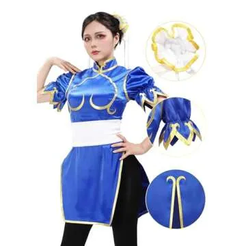 DAZCOS Women's Game Fighter Cosplay Costume Blue Cheongsam with Hair Accessories and Waistband