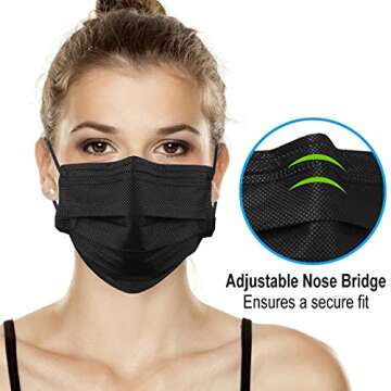50Pcs Disposable Face Masks, 3-ply Disposable Masks Black Face Mask with Elastic Ear Loop, Medical Masks Breathable Dust Proof Non-Woven Safety Masks, Fashion Face Covering for Home, Office, Outdoor