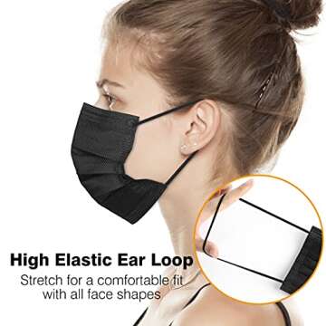 50Pcs Disposable Face Masks, 3-ply Disposable Masks Black Face Mask with Elastic Ear Loop, Medical Masks Breathable Dust Proof Non-Woven Safety Masks, Fashion Face Covering for Home, Office, Outdoor