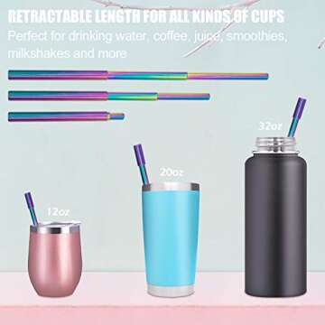 2021 New Year Eve Gift - 4 Pack 9.25'' Rainbow Reusable Metal Straws Collapsible Stainless Steel Drinking Straw Portable Telescopic Keychain Straw with Cleaning Brush & Case