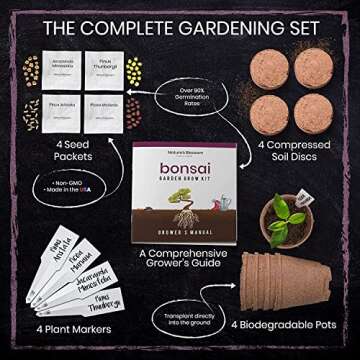 Nature's Blossom Bonsai Tree Kit - Unique Gifts for Indoor & Outdoor Gardening Enthusiasts - Includes Tools, 4 Types of Plant Seeds, Pots and Growing Guide - Secret Santa Gifts