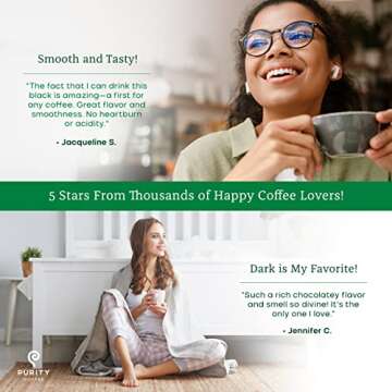 Purity Coffee EASE Dark Roast Low Acid Organic Coffee - USDA Certified Organic Specialty Grade Arabica Single-Serve Coffee Pods - Third Party Tested for Mold, Mycotoxins and Pesticides - 12 ct Box