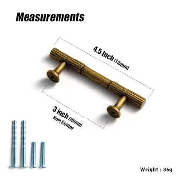 Goo-Ki Vintage Retro Antique Brass Zinc Alloy Cabinet Handles - 3''(76mm) Hole Center Striped Decorations Cabinet Pull Hardware for Bedroom, Kitchen, 6 Pack