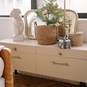 Goo-Ki Vintage Retro Antique Brass Zinc Alloy Cabinet Handles - 3''(76mm) Hole Center Striped Decorations Cabinet Pull Hardware for Bedroom, Kitchen, 6 Pack