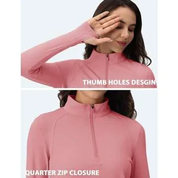 MAGCOMSEN 1/4 Zip Athletic Pullover Women Quarter Zip Workout Long Sleeve Thermal Shirts Fleece Running Jackets with Pockets Winter Hiking Cold Gear Grey Pink L