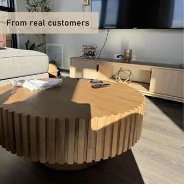 DREAMODERN 31.49'' Round Coffee Table Wood End Table for Living Room, Modern Contemporary Circle Fluted Drum Side Table, Easy Assembly for Small Space - ø31.49'' x 13.7''H Oak