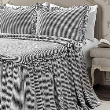 Lush Decor Ticking Stripe Bedspread Black Vintage Chic Farmhouse Style Lightweight 3 Piece Set, Quee...