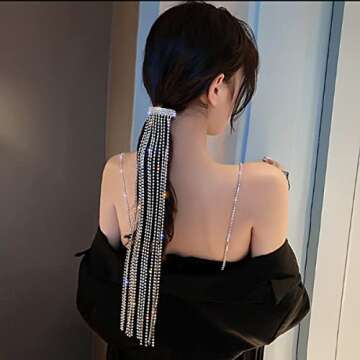 Wekicici Rhinestones Long Chain Tassel Hairwear Bling Bling Crystal Hair Shiny Hairpin Ponytail Hair Accessories for Women