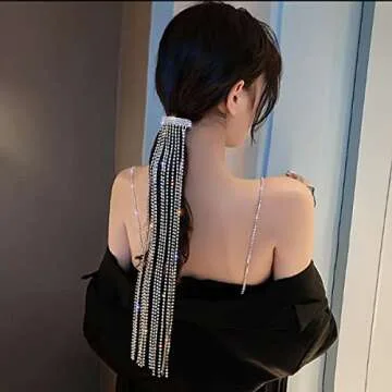 Wekicici Rhinestones Long Chain Tassel Hairwear Bling Bling Crystal Hair Shiny Hairpin Ponytail Hair Accessories for Women