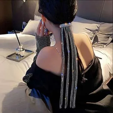 Wekicici Rhinestones Long Chain Tassel Hairwear Bling Bling Crystal Hair Shiny Hairpin Ponytail Hair Accessories for Women