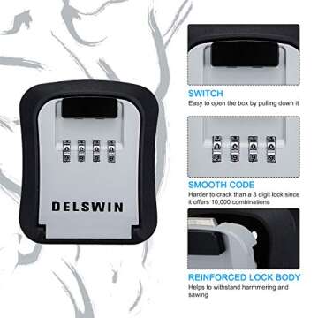 DELSWIN Key Lock Box - Key Safe Box Wall Mounted Waterproof Key Storage Lockbox with 8 Keys Super Large Capacity for Hide a Key Outside Home Garage