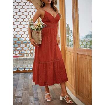 BerryGo Women's Embroidery Pearl Button Down Dress V Neck Spaghetti Strap Maxi Dress