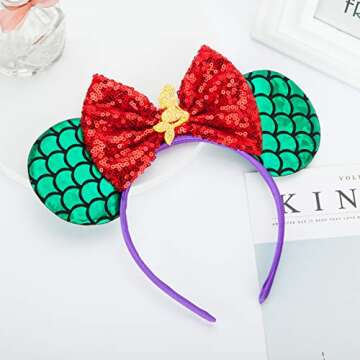 FANYITY Mouse Ears, Sequin Mouse Ears Headband for Girls Women Halloween Birthday Party (Mermaid Red)