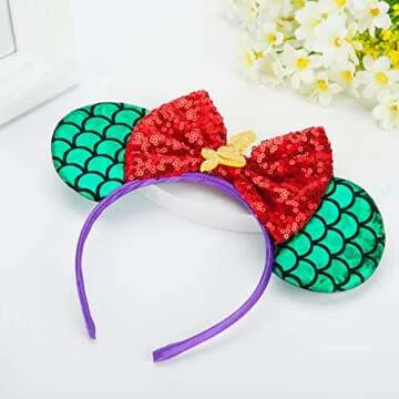 FANYITY Mouse Ears, Sequin Mouse Ears Headband for Girls Women Halloween Birthday Party (Mermaid Red)