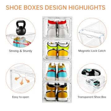 INSTY 12 Pack Shoe Storage Boxes, Stackable Clear Boxes With Doors, Organizer Containers For Sneakers - Fit US Men's/Women's Size 12 (13.4"x 9.8"x 7.1")