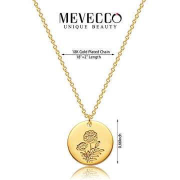 MEVECCO Birth Flower Necklace 18k Gold Engraved Custom Floral Pendant Necklaces Dainty Birth Month Flower Disc Charm Marigold Flower Disk Necklace Personalized Jewelry Birthday Gift for Her