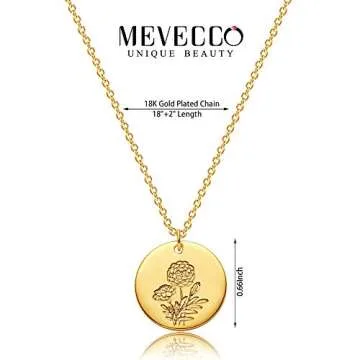 MEVECCO Birth Flower Necklace 18k Gold Engraved Custom Floral Pendant Necklaces Dainty Birth Month Flower Disc Charm Marigold Flower Disk Necklace Personalized Jewelry Birthday Gift for Her