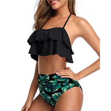 Tempt Me Women Black Leaves Two Piece Swimsuits High Waisted Bikini Teen Ruffle Tummy Control Bottoms Halter Bathing Suits M