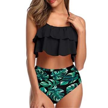 Tempt Me Women Black Leaves Two Piece Swimsuits High Waisted Bikini Teen Ruffle Tummy Control Bottoms Halter Bathing Suits M