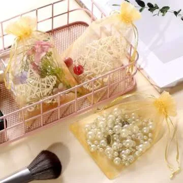 Hopttreely Gold Organza Gift Bags - 100pcs 4x4.72 inches