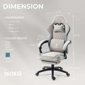 Dowinx Gaming Chair Breathable Fabric Computer Chair with Pocket Spring Cushion, Comfortable Office Chair with Gel Pad and Storage Bag,Massage Game Chair with Footrest,Grey