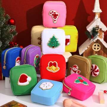 Abbylike 12 Pieces Christmas Preppy Patch Cute Cosmetic Bags Skincare Toiletry Bags Mini Chenille Ny...