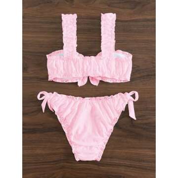 SHENHE Women's 2 Piece Cute Ruffle Swimsuit Knot Front Eyelet Tie Side Cut Bikini Set Pink Small