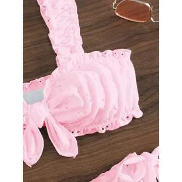 SHENHE Women's 2 Piece Cute Ruffle Swimsuit Knot Front Eyelet Tie Side Cut Bikini Set Pink Small