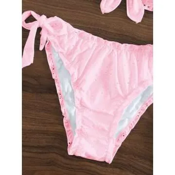SHENHE Women's 2 Piece Cute Ruffle Swimsuit Knot Front Eyelet Tie Side Cut Bikini Set Pink Small