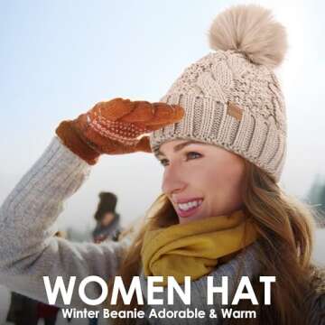 PIOZAED Women's Winter Pompom Beanie Warm and Cozy Knit Hat Fleece Lining Skull Cap for Women White
