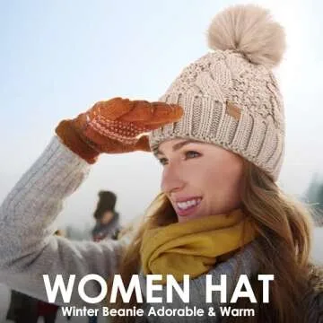 PIOZAED Women's Winter Pompom Beanie Warm and Cozy Knit Hat Fleece Lining Skull Cap for Women White