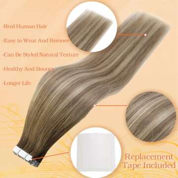 Full Shine Human Hair Tape Extensions 12 Inch Darker Brown to Ash Brown Highlight Medium Blonde Tape...