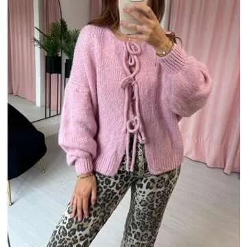 Women Tie Front Knit Cardigan Sweater Y2k Long Sleeve Open Front Knit Shirt Top Fall Oversized Knitw...