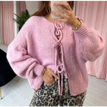 Women Tie Front Knit Cardigan Sweater Y2k Long Sleeve Open Front Knit Shirt Top Fall Oversized Knitwear Outwear