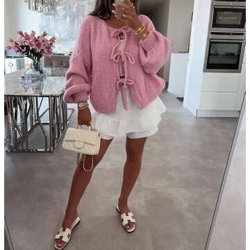 Women Tie Front Knit Cardigan Sweater Y2k Long Sleeve Open Front Knit Shirt Top Fall Oversized Knitwear Outwear