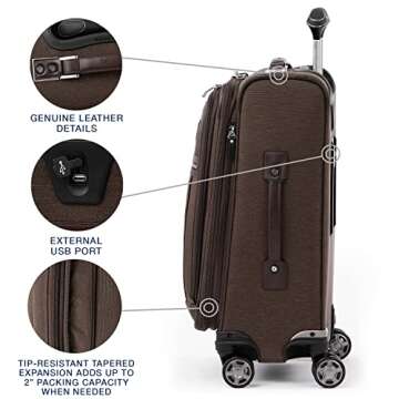 Travelpro Platinum Elite Softside Expandable Carry on Luggage, 8 Wheel Spinner Suitcase, USB Port, Suiter, Men and Women, Rich Espresso Brown, Carry On 21-Inch