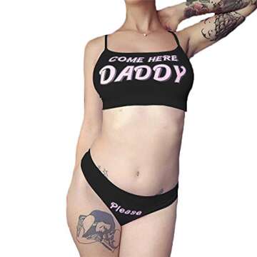 Sexy Women Come Here Daddy Please Print Strappy Lingerie Set 2PCS See Tank Tops and Panty Sets Pajam...