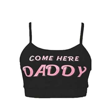 Sexy Women Come Here Daddy Please Print Strappy Lingerie Set 2PCS See Tank Tops and Panty Sets Pajamas Sleepwear (Black, L)