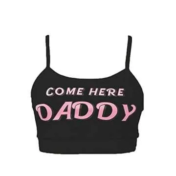 Sexy Women Come Here Daddy Please Print Strappy Lingerie Set 2PCS See Tank Tops and Panty Sets Pajamas Sleepwear (Black, L)
