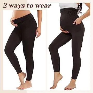Happy.angel 2 Pack Maternity Fleece Lined Leggings Over The Belly, Womens Black Workout Yoga Pregnancy Pants with Pockets Black X-Large