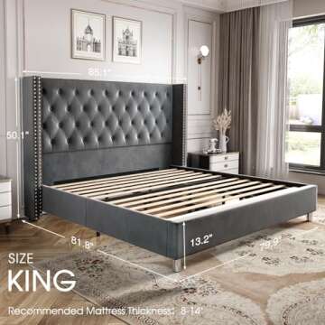 PaPaJet Upholstered King Size Bed Frame with Tall Headboard, Wingback Platform Bed, Velvet Tufted Bu...