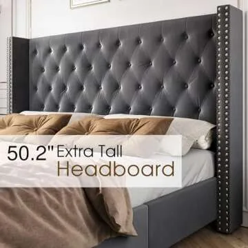 PaPaJet Upholstered King Size Bed Frame with Tall Headboard, Wingback Platform Bed, Velvet Tufted Button,No Box Spring Needed, Easy Assembly, Grey