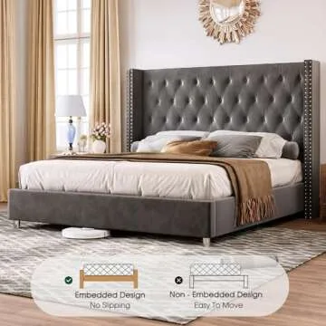 PaPaJet Upholstered King Size Bed Frame with Tall Headboard, Wingback Platform Bed, Velvet Tufted Button,No Box Spring Needed, Easy Assembly, Grey